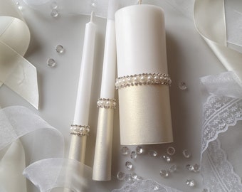 Wedding Unity Candle Set, Ivory Pearl Beaded Unity Ceremony Candles, Bridal Wedding Candle Decor