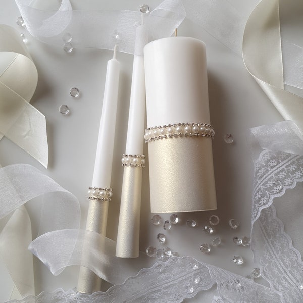 Ivory wedding unity candle set, pearl beaded pillar candle, aesthetic taper candle stick, church ceremony decor, anniversary centerpiece