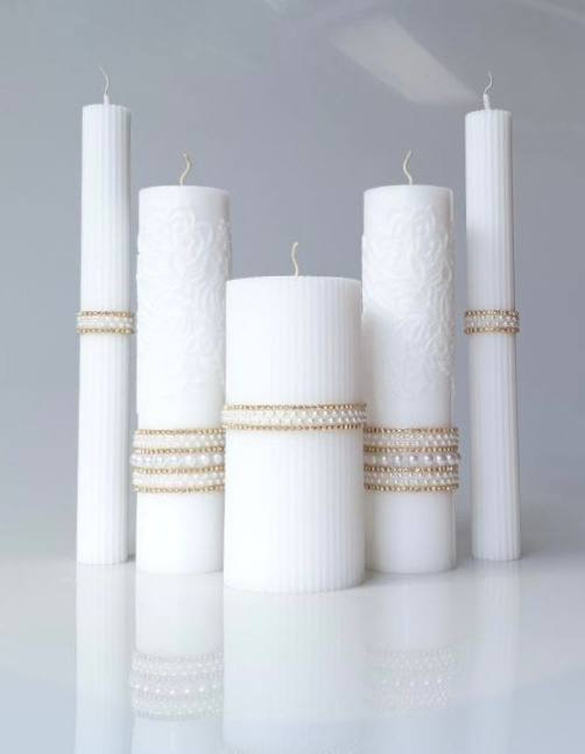 White Wedding Candle Stick With Rhinestones Ribbed Pillar Etsy