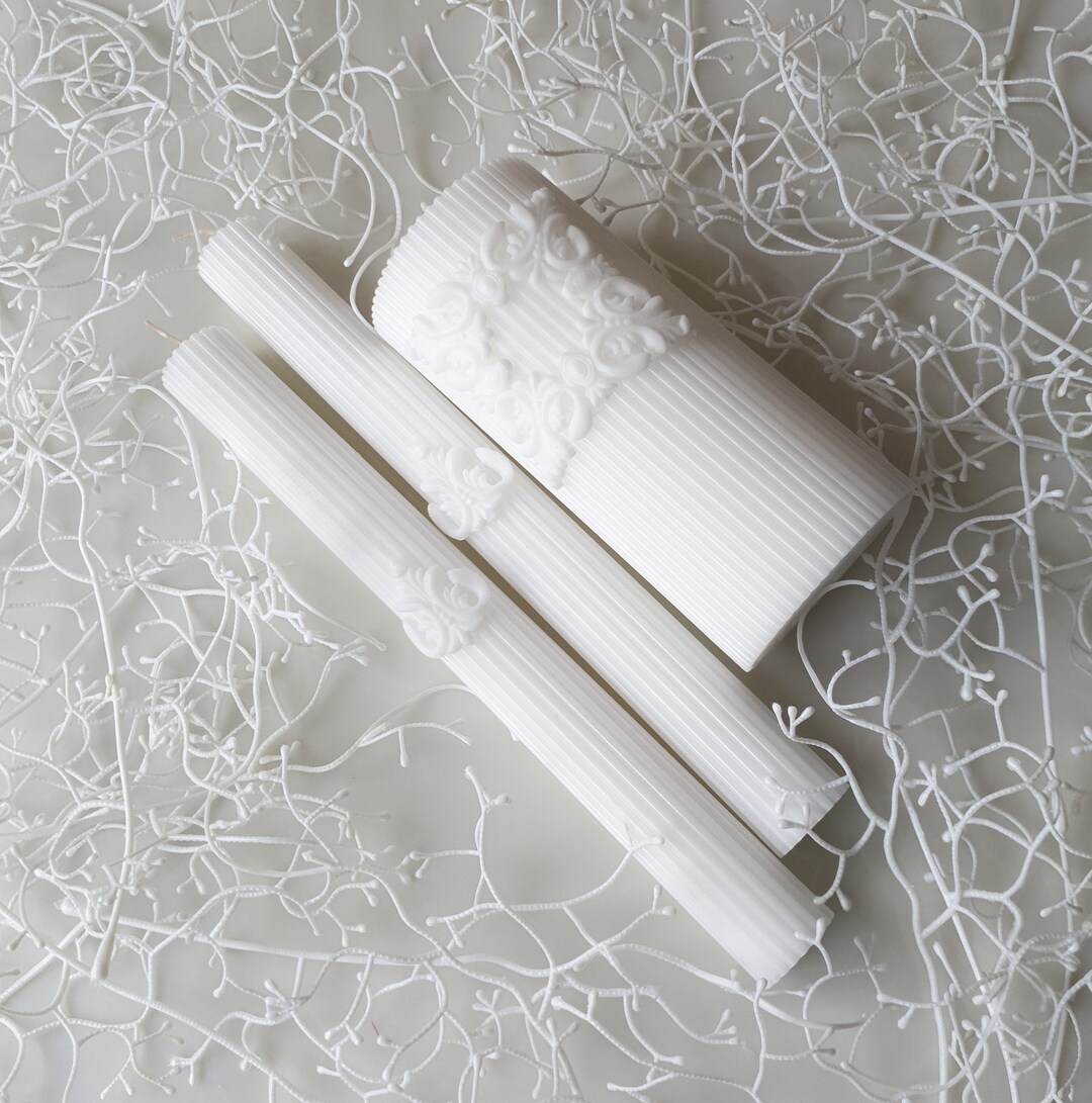 Lace Wedding Candle Stick White Ribbed Pillar Candle Unity Etsy