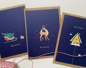 Kerstkaarten set van 3 | Leuke illustraties met rendieren, vogels en egel.