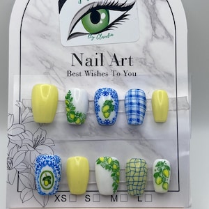 Blue  Lemon Porcelain press on nails/ Yellow press on nails/ Summer nails/ Cute Nails/Porcelain Nails/ Lemon Nails