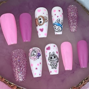 Labubu inspired Press on nails/ Cute nails/ fake nails/ Pink and white nails/ Glitter Nails