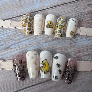 Winnie the Pooh Inspired  press on Nails: Beige and Pink glitter Gel Nail