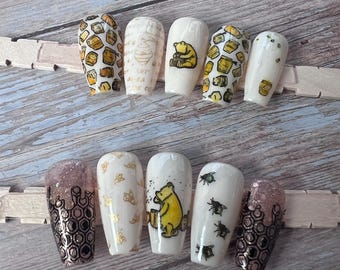 Winnie the Pooh Inspired  press on nail: Beige and Pink glitter gel Nails