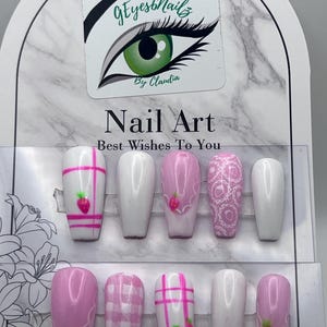 Strawberry press on nails/Fruit Nails/ Pink nails/ White Nails/ Cute nails/ Summer Nails