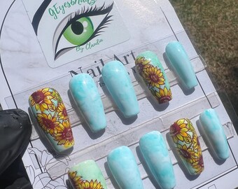 Sunflower Press on Nails/Flower Nails/Summer Nails/Cute Nails
