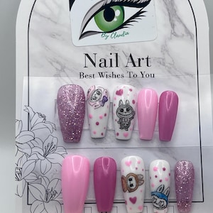 Labubu inspirierte Presse auf Nägel / Süße Nägel / künstliche Nägel / Rosa und weiße Nägel / Glitzernägel