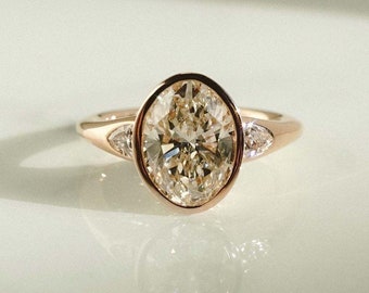 Oval Cut Moissanite Engagement Ring Bezel And Three Stone Ring Side Pear Diamond Ring Party Wear Jewelry For Women