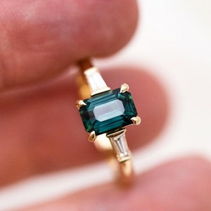 Green Emerald Cut Diamond Three Stone Ring | Custom Order in Silver, Gold with Moissanite & Lab Grown Diamond (As per order)