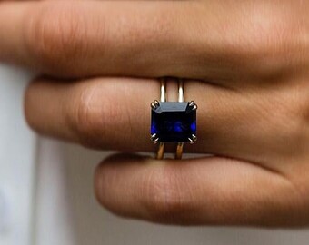 Blue Asscher Cut Diamond Ring Solitaire Wedding Ring Double Band Setting Double Prong Set Diamond Statement Jewelry For Her Anniversary Gift
