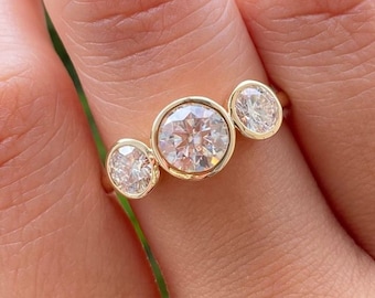 2.50Ct White Round Brilliant Cut CZ Diamond Bezel Three Stone Anniversary And Proposal Ring For Women
