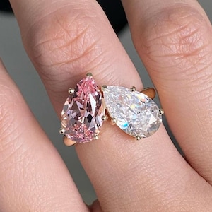 White And Pink Pear Cut Diamond Two Stone Ring | Custom Order in Silver, Gold with Moissanite & Lab Grown Diamond (As per order)