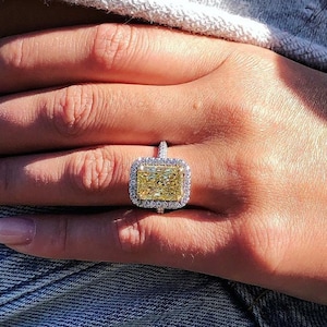 Canary Yellow Radiant Cut Diamond Halo Ring | Custom Order in Silver, Gold with Moissanite & Lab Grown Diamond (As per order)