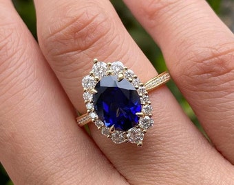 Blue Oval Cut Diamond Ring Halo Wedding Ring Proposal Gift For Her Special Occasion Jewelry For Women Anniversary Gift