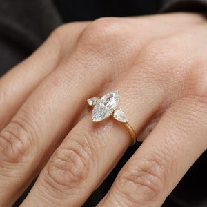 White Marquise Cut Diamond Three Stone Anniversary Ring | Custom Order in Silver, Gold with Moissanite & Lab Grown Diamond (As per order)