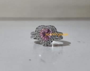 Pink Heart Cut Diamond Ring Double Halo Engagement Ring Proposal Gift For Her Handmade Jewelry For Women Anniversary Gift For Wife