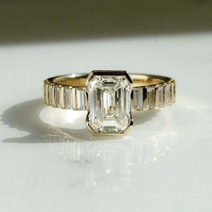 White Emerald Cut Diamond Half Bezel Ring | Custom Order in Silver, Gold with Moissanite & Lab Grown Diamond (As per order)