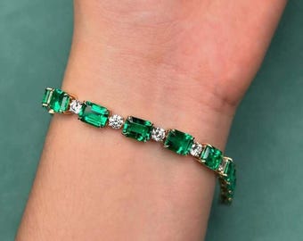 8カラット エメラルド＆ダイヤモンド テニスブレスレット 14K ホワイト