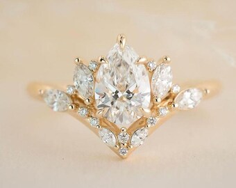 Pear Cut Moissanite Ring Solitaire with Cluster Wedding Ring Proposal Gift For Her Handmade Jewelry For Women Anniversary Gift For Wife