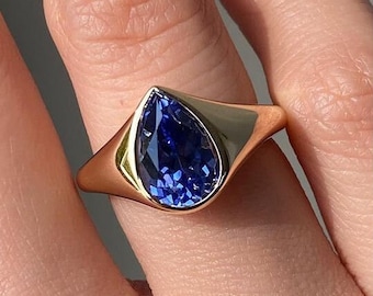 Wonderful Blue Pear Cut Diamond Bezel Handmade/Birthday Gift And Proposal Ring For Women