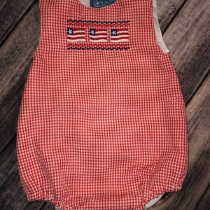 Patriotic Baby Boy Red Seersucker Bubble with Flags