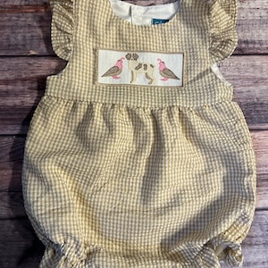 Quail and Spaniel Baby Girl Tan Gingham Seersucker Bubble
