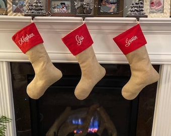 Embroidered Burlap Christmas Stockings with Red Cuff