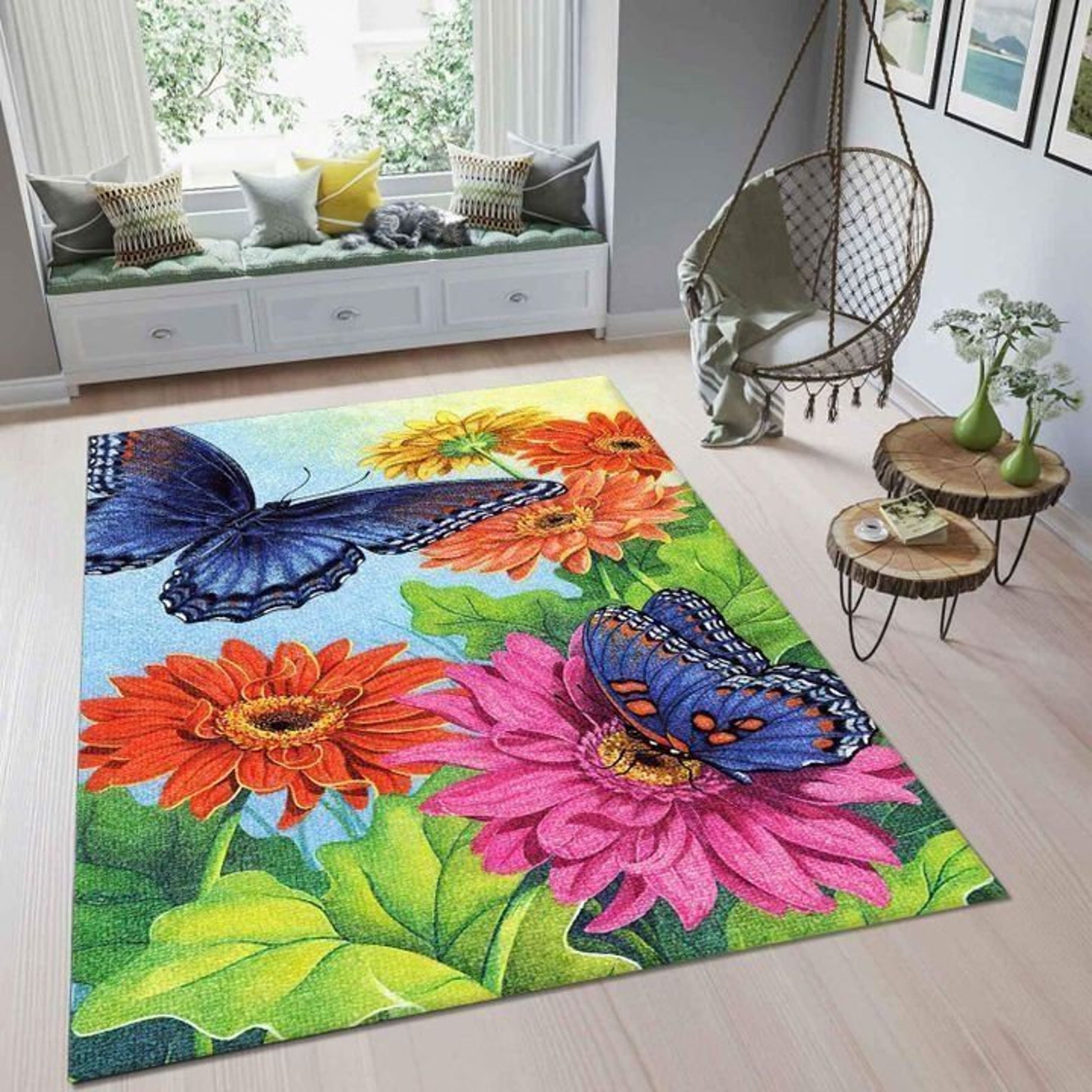 Butterfly And Flower Rug Area Rug Decorative Floor Mat Carpet Etsy
