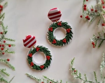 Wreath Earrings, Christmas Gift For Her, Holiday Earrings, Handmade Christmas Earrings, Christmas Gift, Festive Wreath, Polymer Clay Earring