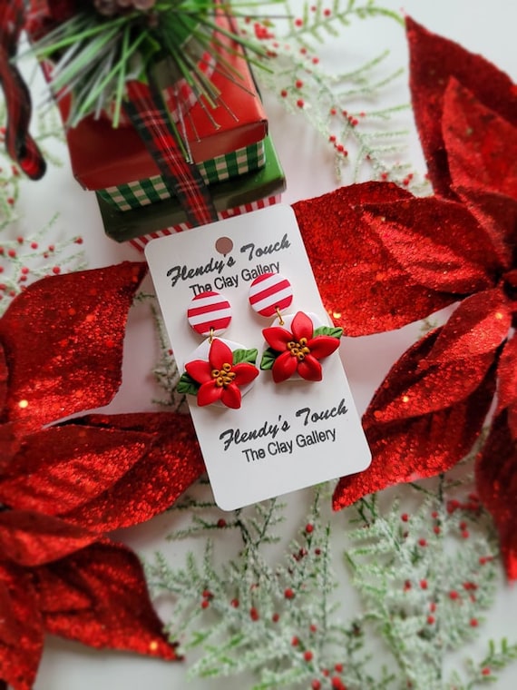 Christmas Earrings Poinsettia, Red Poinsettia Earrings, Christmas, Christmas Jewelry Gift, Present For Girl, Holiday Earrings, Red Earrings.