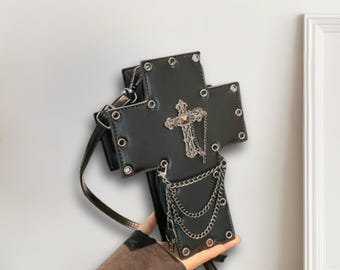 Gothic Christian Cross Shape Crossbody Bag, Punk Rock Goth Shoulder Purse, Fashion Mini Sling Bag, Cosplay Accessory, Street Style Satchel