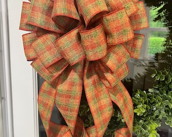 Large XL Handmade Fall Plaid Bow: Orange Green Gold Wreath Bow Decor