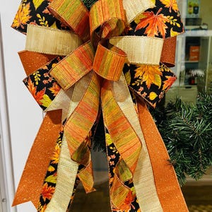 Large Handmade Fall Leaf Bow: Shimmery Black, Gold, Orange Ribbons