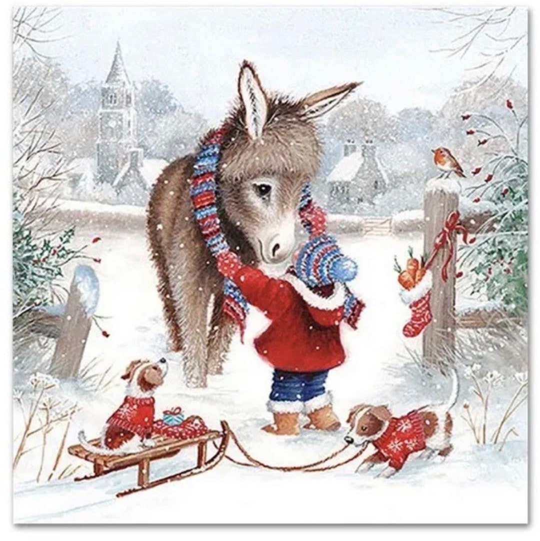 Christmas Donkey Napkins Winter Snow Scene Napkins Winter Etsy