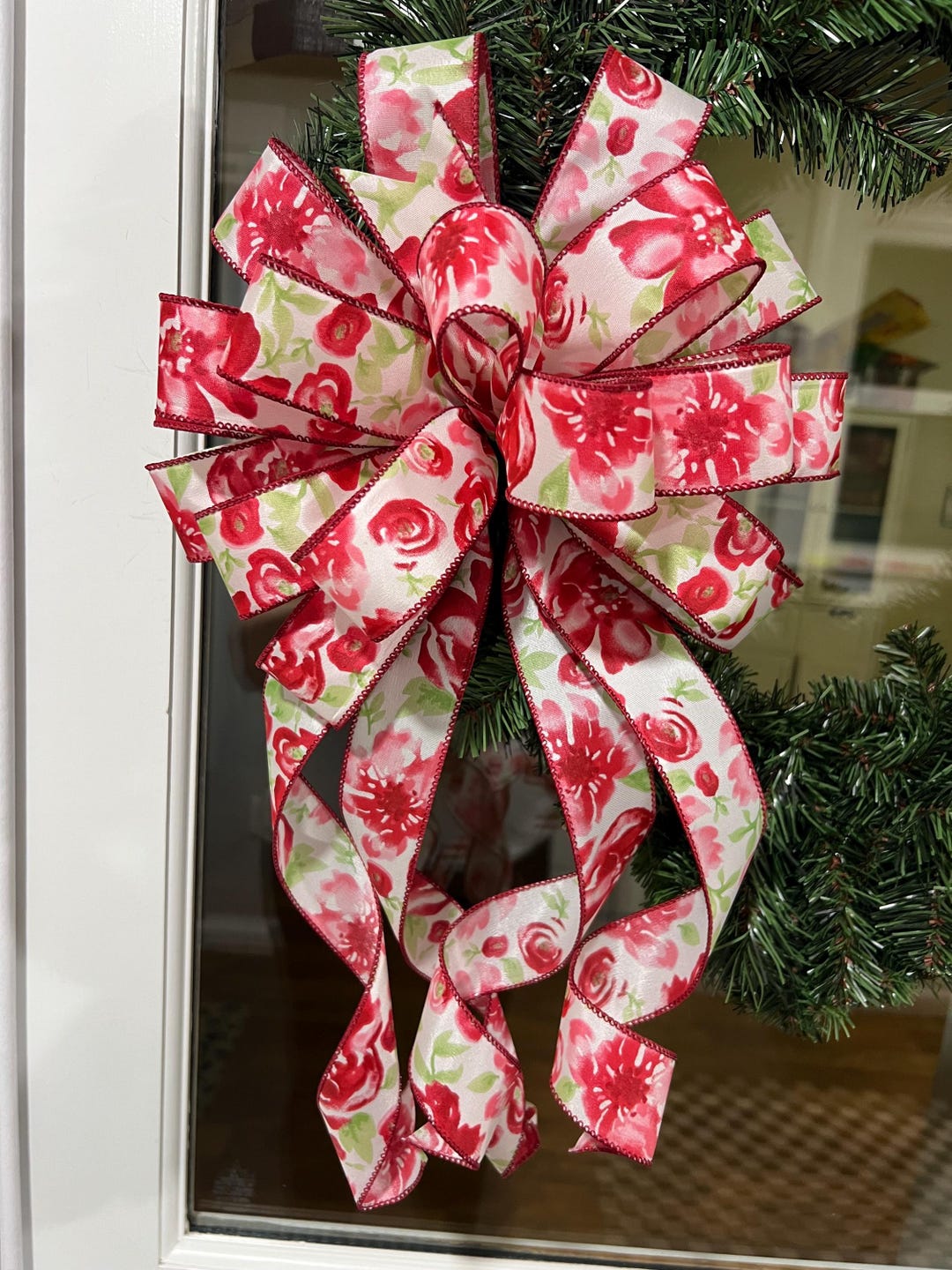 Handmade Pink and White Rose Floral Bow: Floral Wreath Decor for Spring ...