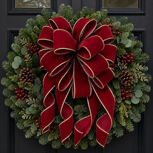 May include: A circular evergreen wreath featuring dense green pine needles, brown pinecones, and clusters of small red berries. A large, multi-looped deep red velvet bow with gold-trimmed edges is centered on the wreath, with long, flowing ribbon tails.