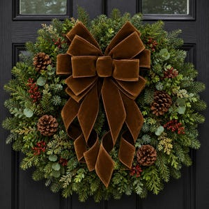 May include: A circular wreath composed of dense green pine needles, cedar sprigs, and eucalyptus leaves, accented with clusters of small red berries and brown pinecones. A large, centered bow made of dark brown velvet ribbon hangs prominently.