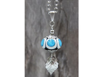 Edelstahl Lampwork Kette Anhänger Blau Boho Perlen Blatt #MA002