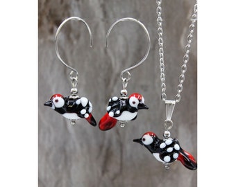 Great Spotted Woodpecker Stainless Steel Jewelry Set Earrings Pendant Necklace Bird Woodpecker Nature Domestic Animals Lampwork #E042