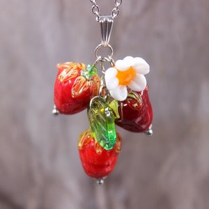 Erdbeeren Kette Früchte Collier Blume Lampwork Perlen Damen Edelstahl #MC013