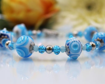 Bracelet Beaded Lampwork Blue White Hippie Boho Summer 24 cm #G086