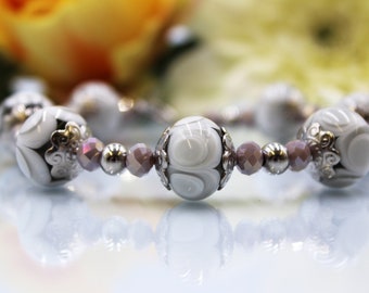 Stainless steel bracelet beaded lampwork grey white hippie boho 23 cm #GA061