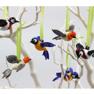 Spring Nature Birds Glass Mouth-Blown Hanging Decoration Woodpecker Blue Tit Robin 6-piece set