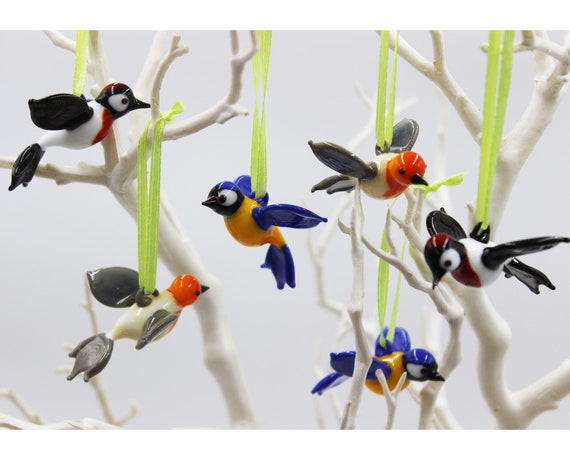 Frühling Natur Vögel Glas Mundgeblasen Hängedeko Specht Blaumeise Rotkehlchen 6 tlg. Set