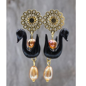 Glass Stainless Steel Gold Colors Earrings Earrings Black Swan Lampwork Swan #D098