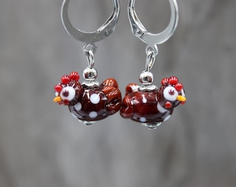 Easter Earrings Drop Earrings Pearls Hen Chicken Brown White Lampwork Stainless Steel #LA042