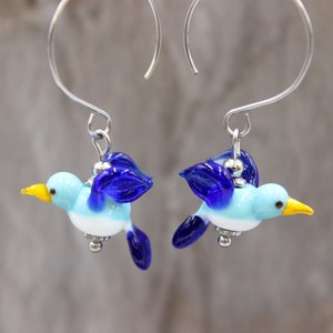 Hummingbird Bird Boho Earrings Earrings Blue White Lampwork Beads Stainless Steel #L077