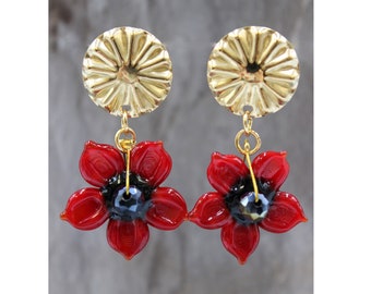 Fleur Acier inoxydable Boucles d’oreilles couleur or Boucles d’oreilles Fleur Rouge Noir Élégant #D026