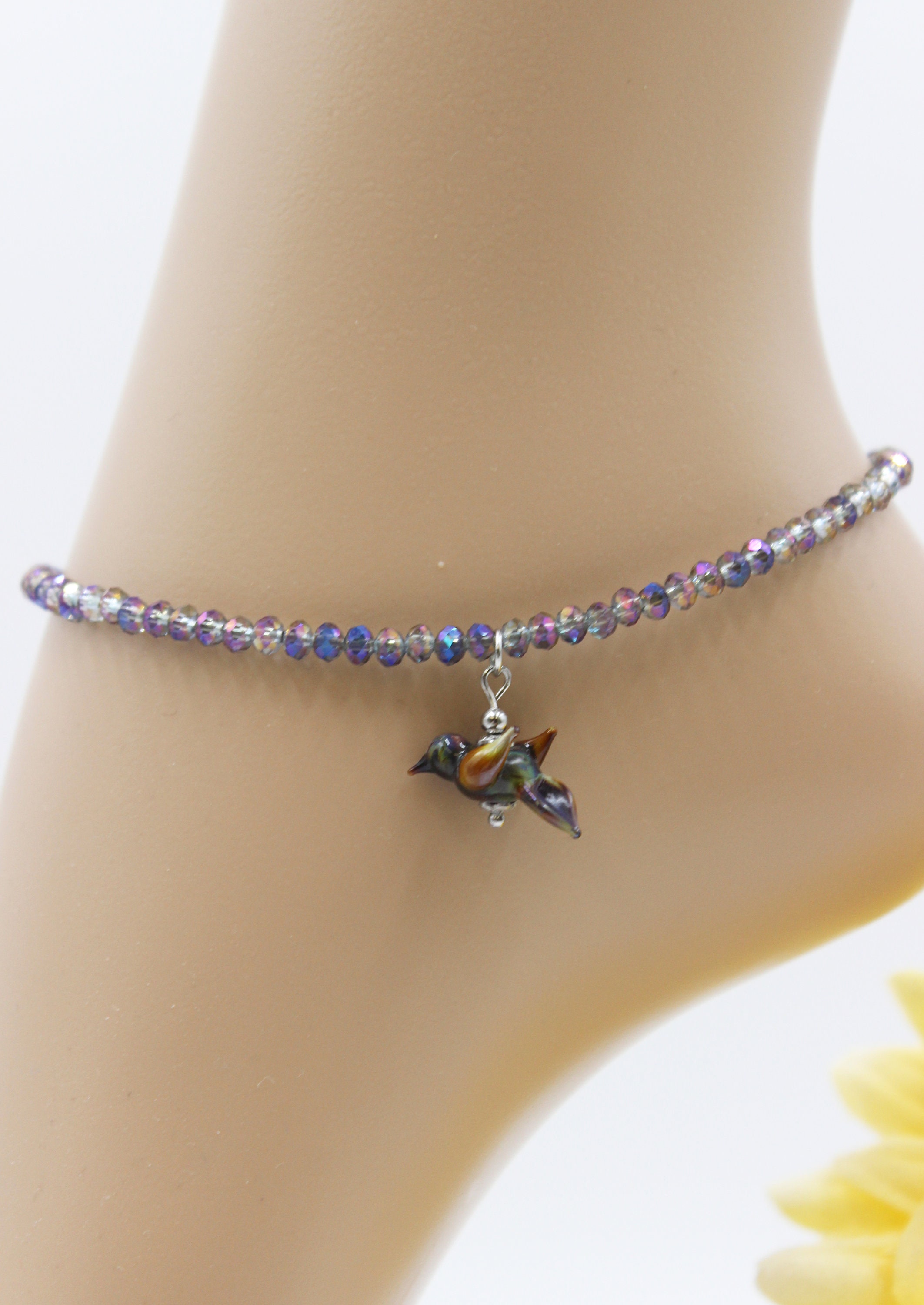 Bracelet De Cheville En Perles Lampwork Oiseaux Boho - Acier Inoxydable Argenté, Fait Main #JA061